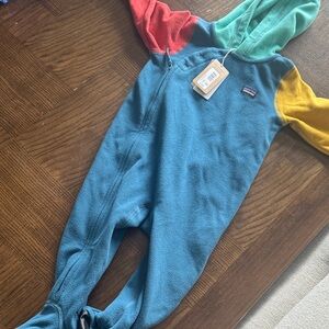 Patagonia Kids Teal Fleece One-Piece with Multi-Color Hood & Sleeves